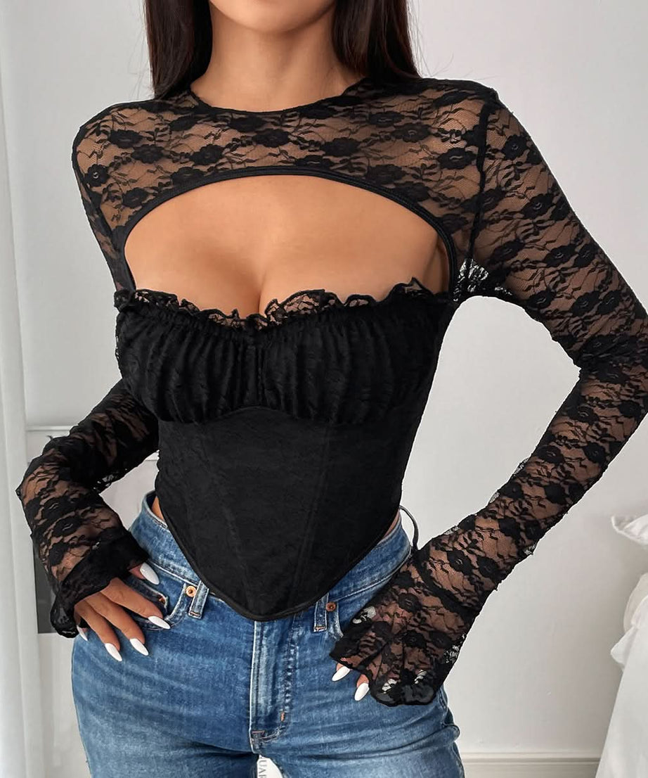 Sultry Dark Romance Lace Corset Cut-Out Top - Fall & Halloween Ready