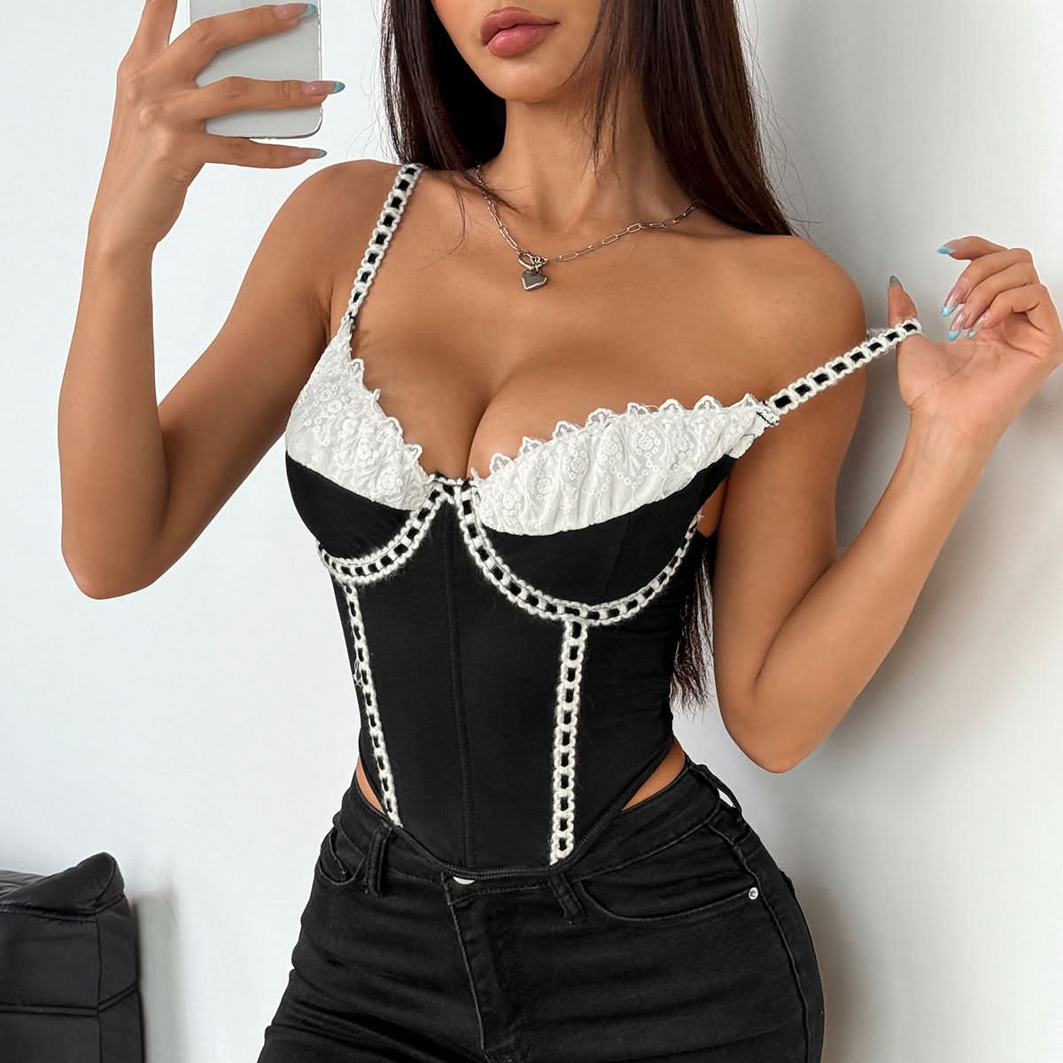 Chic Black & White Lace Trim Corset Cami Top - Your Fall Night Out & Party Essential