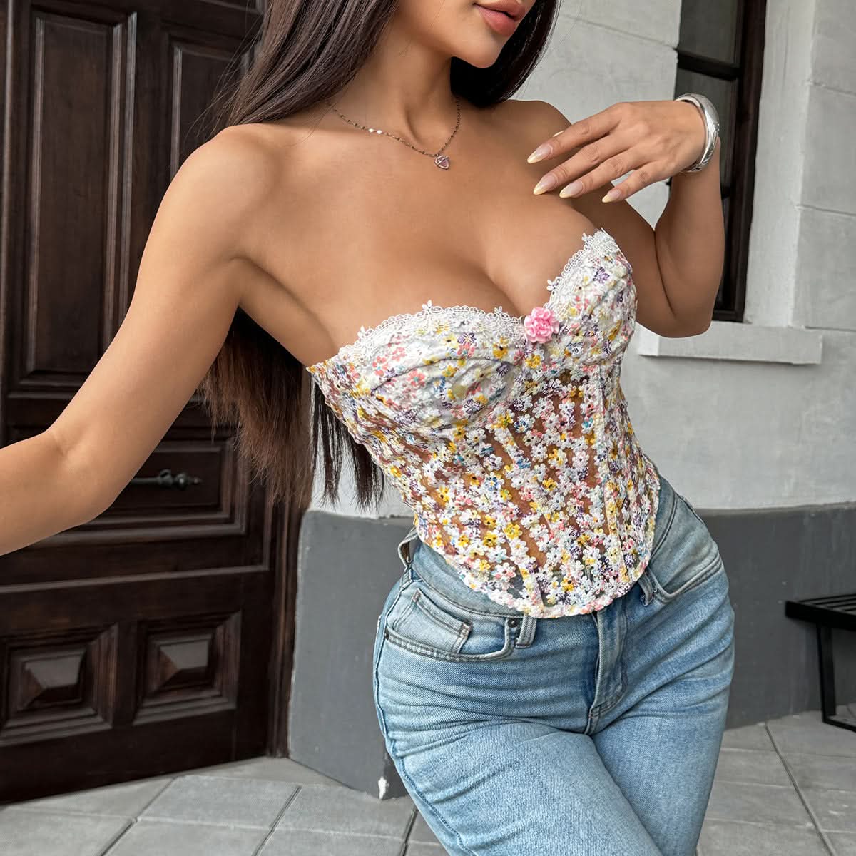 Chic Floral Sweetheart Corset Top with Lace Trim - Perfect for Fall Style & Holiday Events