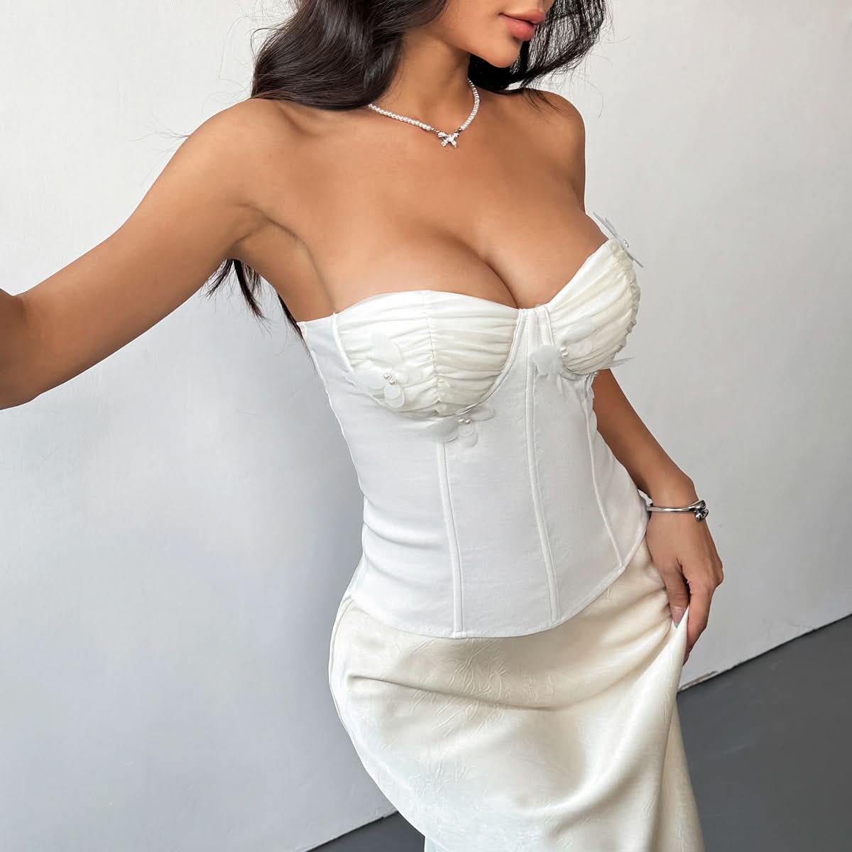 Chic Sweetheart Ruched Corset Bustier Top - Strapless Butterfly Accents for Fall Glamour