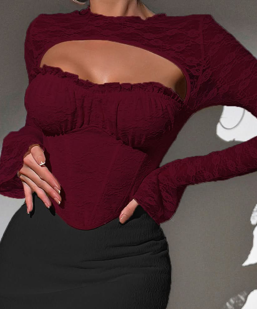 Sultry Dark Romance Lace Corset Cut-Out Top - Fall & Halloween Ready