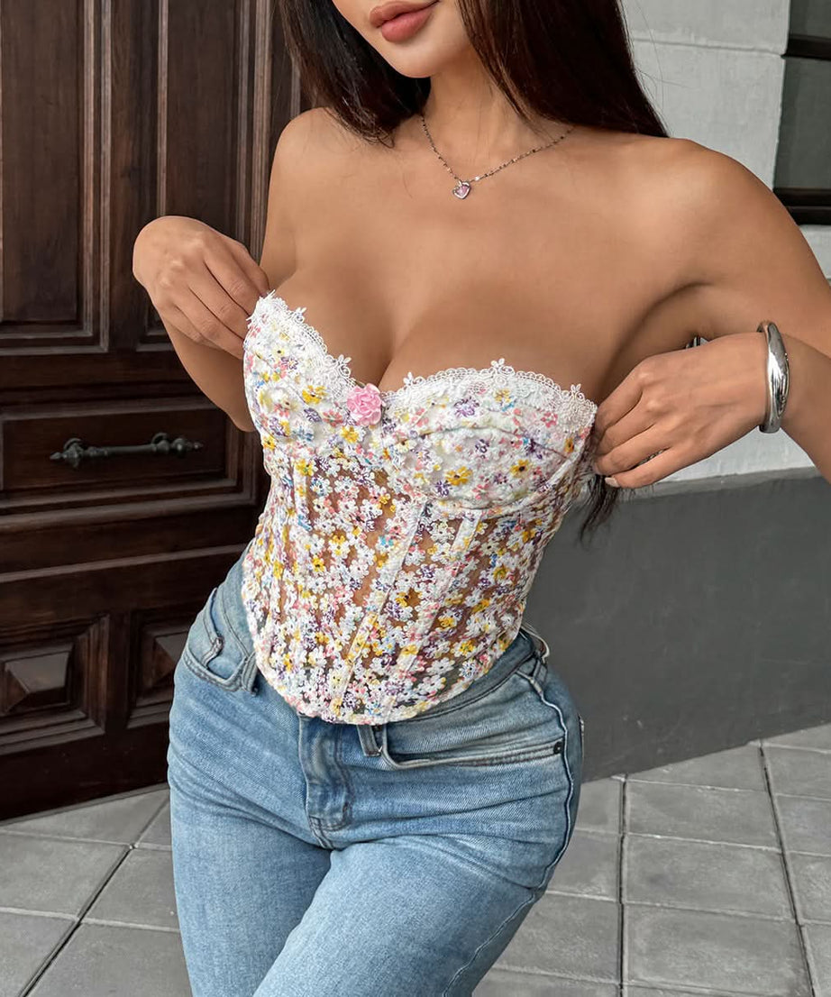 Chic Floral Sweetheart Corset Top with Lace Trim - Perfect for Fall Style & Holiday Events