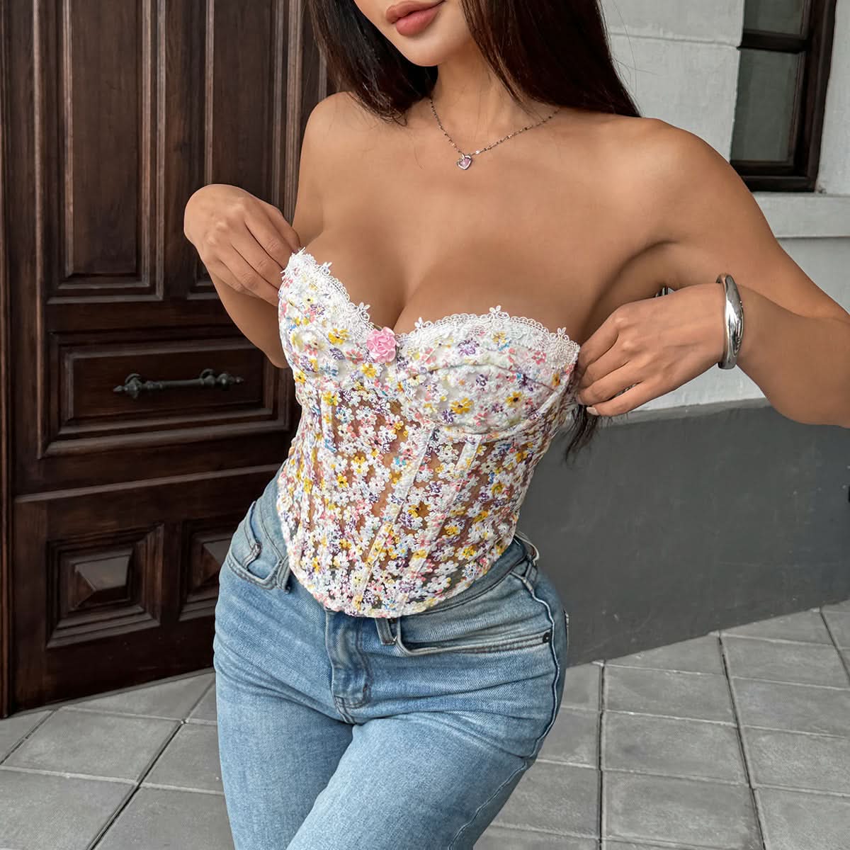 Chic Floral Sweetheart Corset Top with Lace Trim - Perfect for Fall Style & Holiday Events