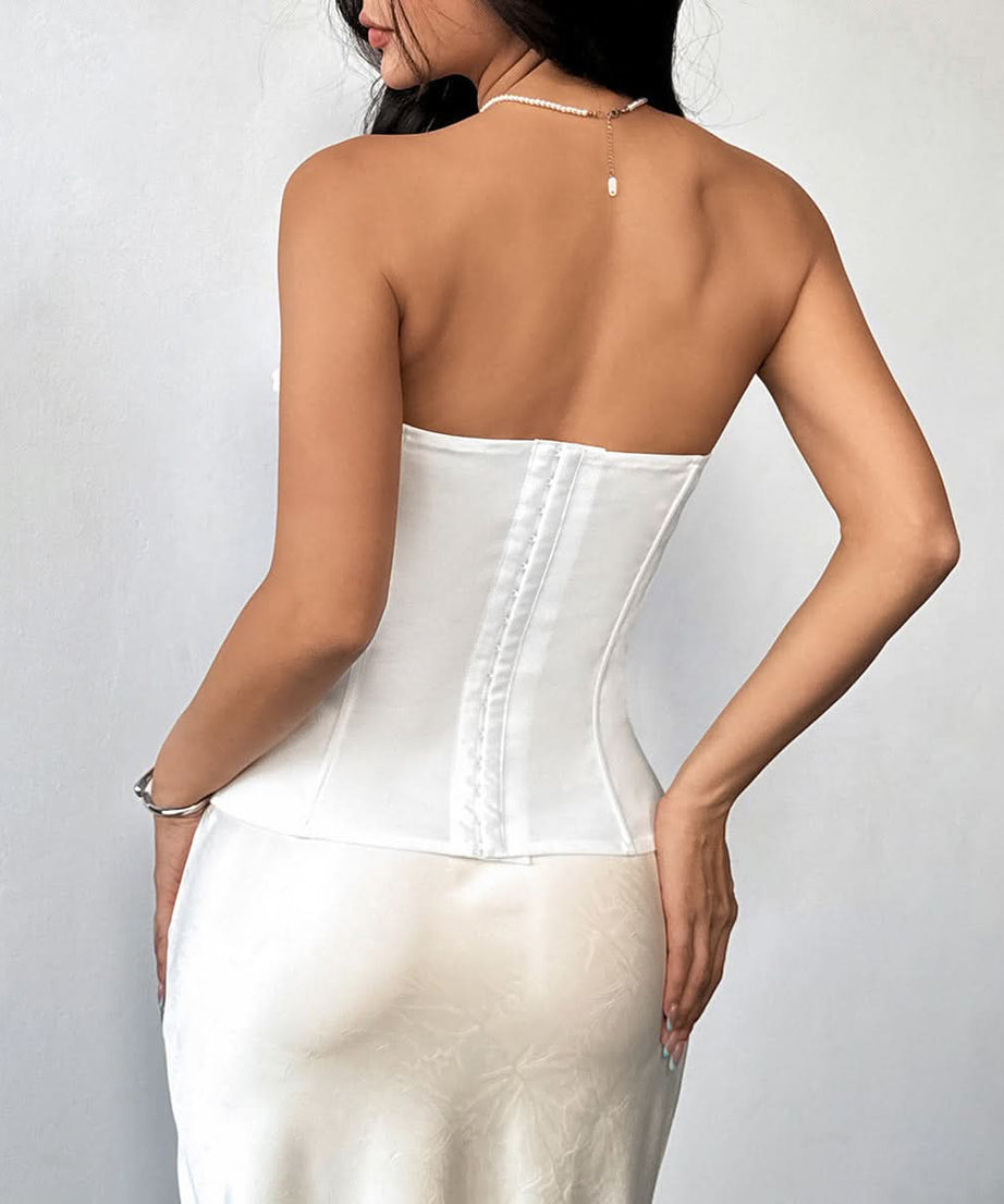 Chic Sweetheart Ruched Corset Bustier Top - Strapless Butterfly Accents for Fall Glamour