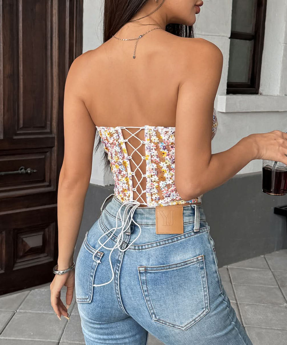 Chic Floral Sweetheart Corset Top with Lace Trim - Perfect for Fall Style & Holiday Events