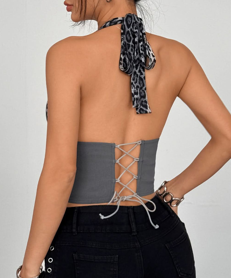 Fall's Fiercest Look: Leopard Print Halter Corset Top - Your Go-To for Halloween Parties & Autumn Nights Out!