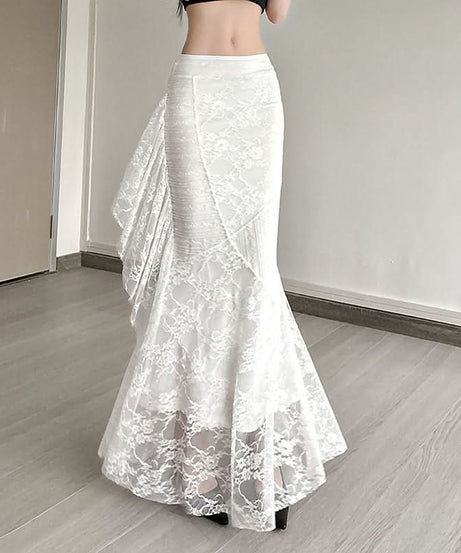 Fall Elegance: White Lace Mermaid Maxi Skirt with Cascading Ruffle - Perfect for Holiday Chic