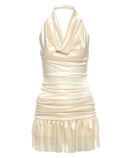Glamorous Champagne Satin Halter Cowl Neck Ruched Mini Dress - Perfect for Holiday Parties & Nights Out