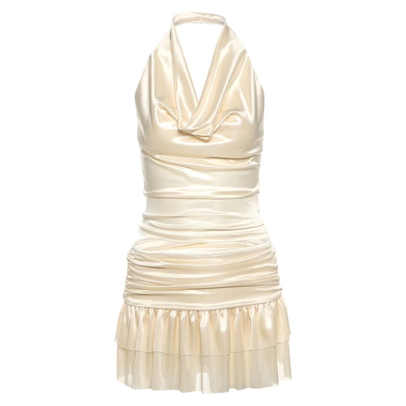Glamorous Champagne Satin Halter Cowl Neck Ruched Mini Dress - Perfect for Holiday Parties & Nights Out