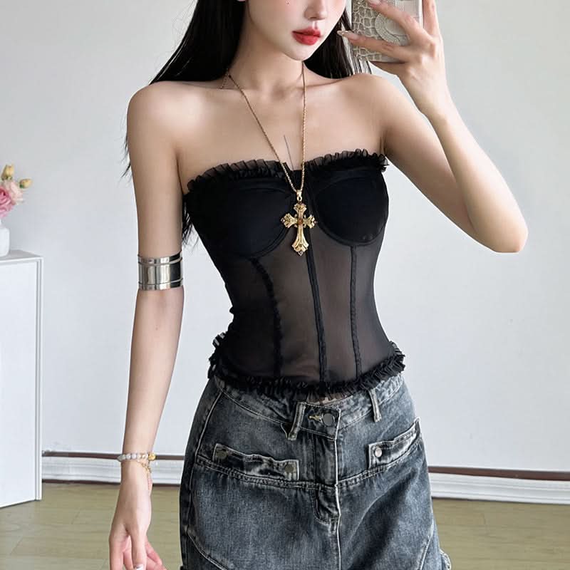 Chic Black Mesh Sweetheart Corset Top - Edgy Strapless Ruffle Bandeau for Fall Nights & Halloween Parties