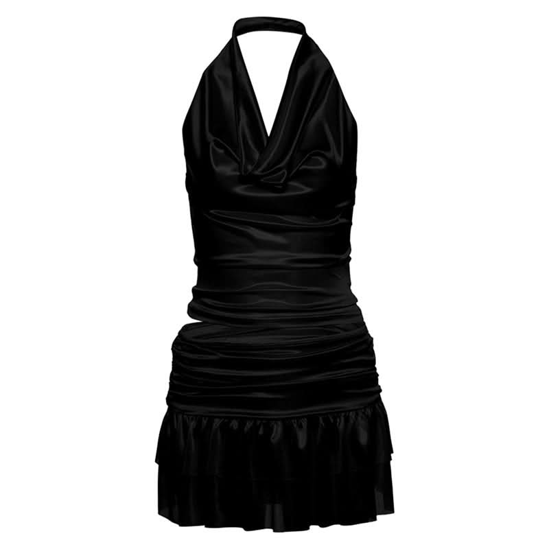 Glamorous Champagne Satin Halter Cowl Neck Ruched Mini Dress - Perfect for Holiday Parties & Nights Out