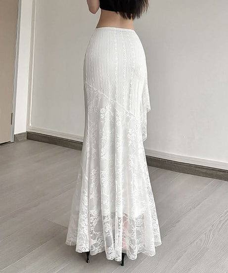 Fall Elegance: White Lace Mermaid Maxi Skirt with Cascading Ruffle - Perfect for Holiday Chic