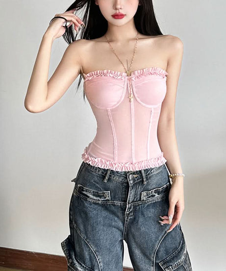 Chic Black Mesh Sweetheart Corset Top - Edgy Strapless Ruffle Bandeau for Fall Nights & Halloween Parties