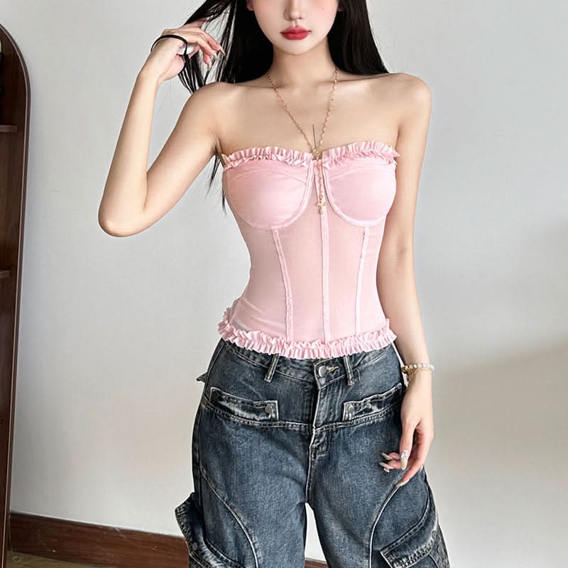 Chic Black Mesh Sweetheart Corset Top - Edgy Strapless Ruffle Bandeau for Fall Nights & Halloween Parties