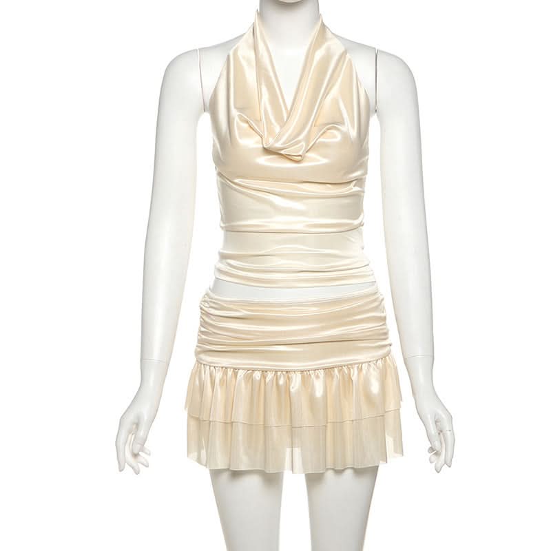 Glamorous Champagne Satin Halter Cowl Neck Ruched Mini Dress - Perfect for Holiday Parties & Nights Out