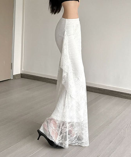 Fall Elegance: White Lace Mermaid Maxi Skirt with Cascading Ruffle - Perfect for Holiday Chic