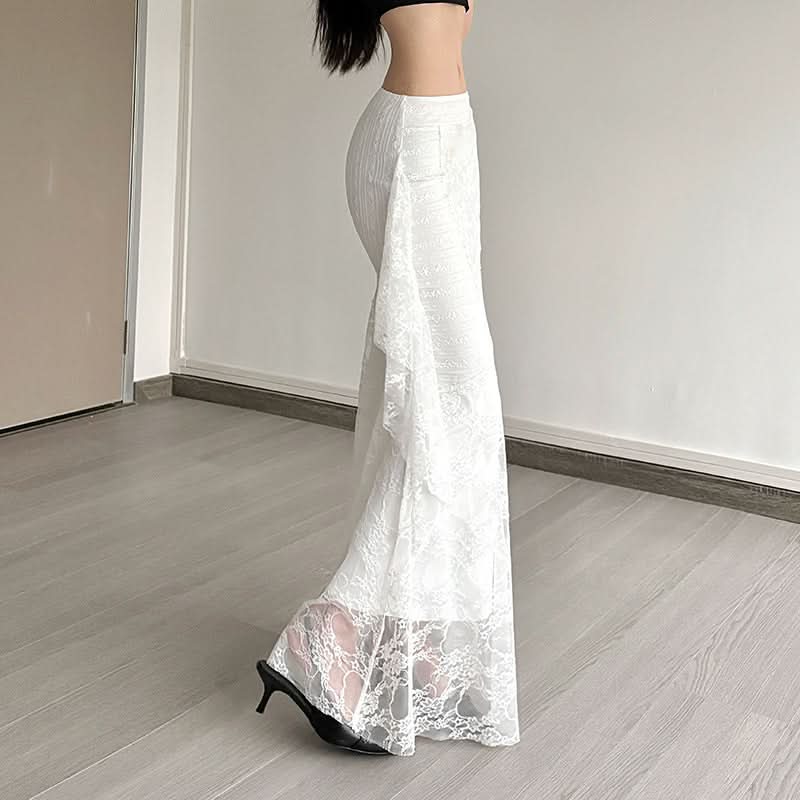 Fall Elegance: White Lace Mermaid Maxi Skirt with Cascading Ruffle - Perfect for Holiday Chic