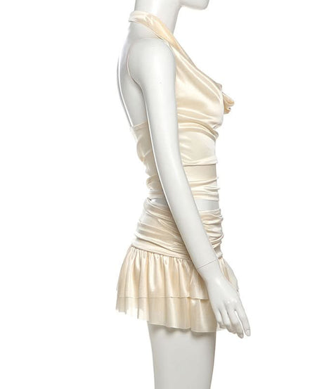 Glamorous Champagne Satin Halter Cowl Neck Ruched Mini Dress - Perfect for Holiday Parties & Nights Out