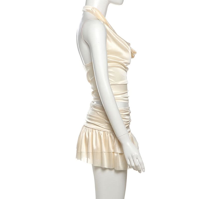 Glamorous Champagne Satin Halter Cowl Neck Ruched Mini Dress - Perfect for Holiday Parties & Nights Out