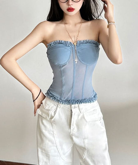 Chic Black Mesh Sweetheart Corset Top - Edgy Strapless Ruffle Bandeau for Fall Nights & Halloween Parties