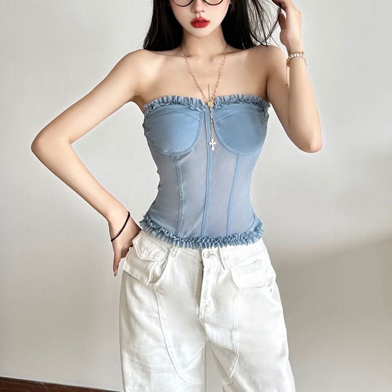 Chic Black Mesh Sweetheart Corset Top - Edgy Strapless Ruffle Bandeau for Fall Nights & Halloween Parties