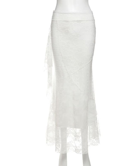 Fall Elegance: White Lace Mermaid Maxi Skirt with Cascading Ruffle - Perfect for Holiday Chic