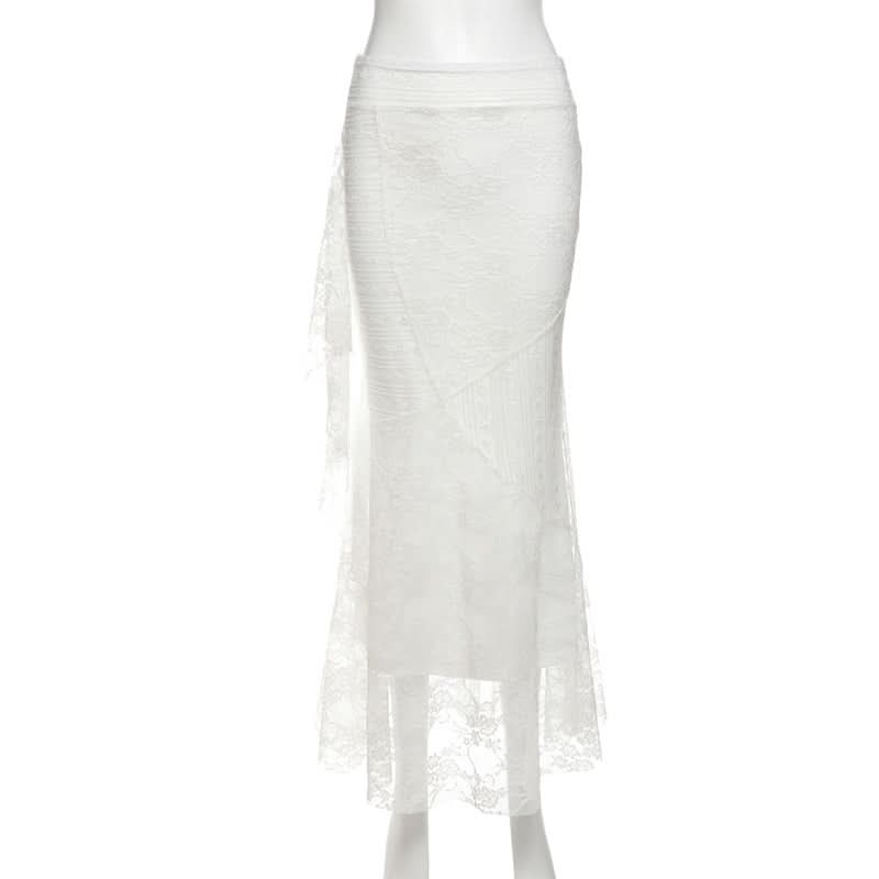 Fall Elegance: White Lace Mermaid Maxi Skirt with Cascading Ruffle - Perfect for Holiday Chic