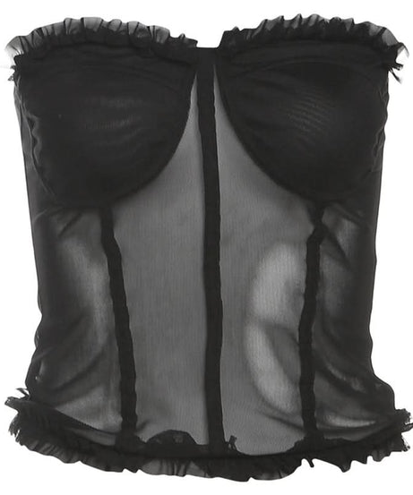 Chic Black Mesh Sweetheart Corset Top - Edgy Strapless Ruffle Bandeau for Fall Nights & Halloween Parties