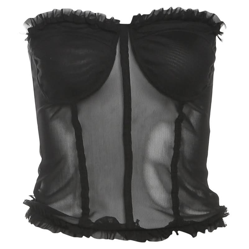 Chic Black Mesh Sweetheart Corset Top - Edgy Strapless Ruffle Bandeau for Fall Nights & Halloween Parties