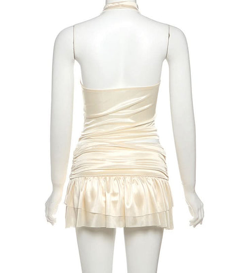 Glamorous Champagne Satin Halter Cowl Neck Ruched Mini Dress - Perfect for Holiday Parties & Nights Out