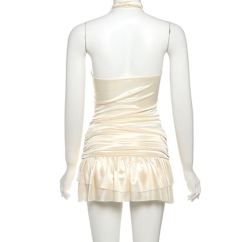 Glamorous Champagne Satin Halter Cowl Neck Ruched Mini Dress - Perfect for Holiday Parties & Nights Out