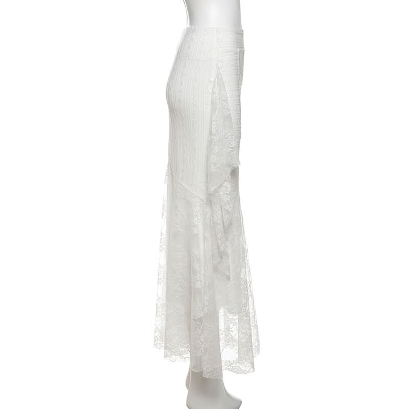 Fall Elegance: White Lace Mermaid Maxi Skirt with Cascading Ruffle - Perfect for Holiday Chic