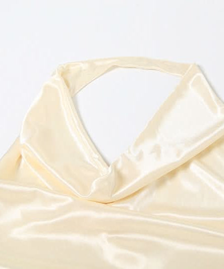 Glamorous Champagne Satin Halter Cowl Neck Ruched Mini Dress - Perfect for Holiday Parties & Nights Out