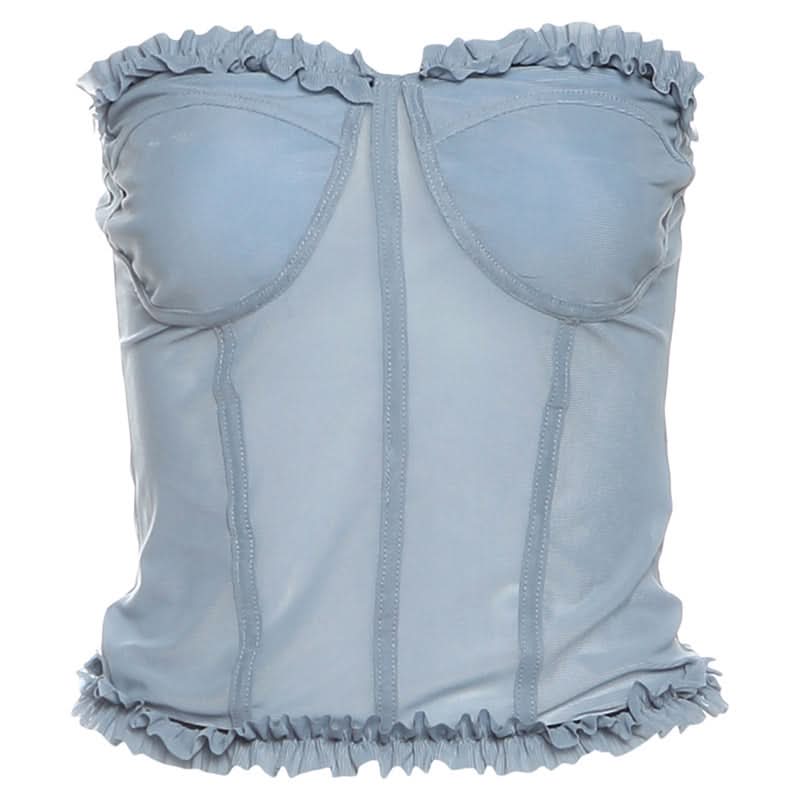 Chic Black Mesh Sweetheart Corset Top - Edgy Strapless Ruffle Bandeau for Fall Nights & Halloween Parties