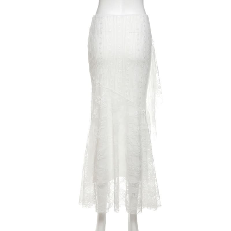 Fall Elegance: White Lace Mermaid Maxi Skirt with Cascading Ruffle - Perfect for Holiday Chic