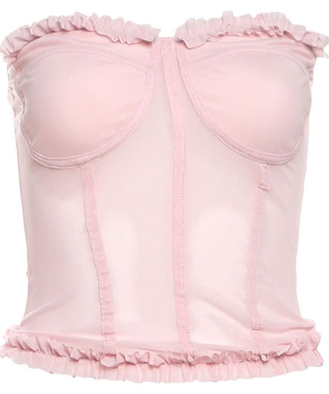 Chic Black Mesh Sweetheart Corset Top - Edgy Strapless Ruffle Bandeau for Fall Nights & Halloween Parties