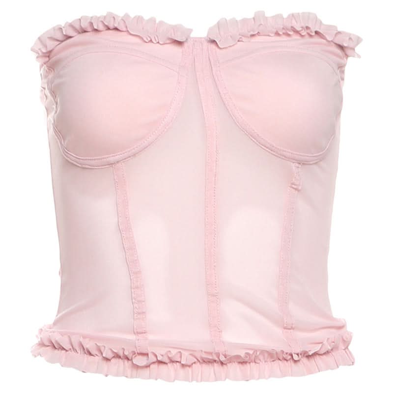 Chic Black Mesh Sweetheart Corset Top - Edgy Strapless Ruffle Bandeau for Fall Nights & Halloween Parties