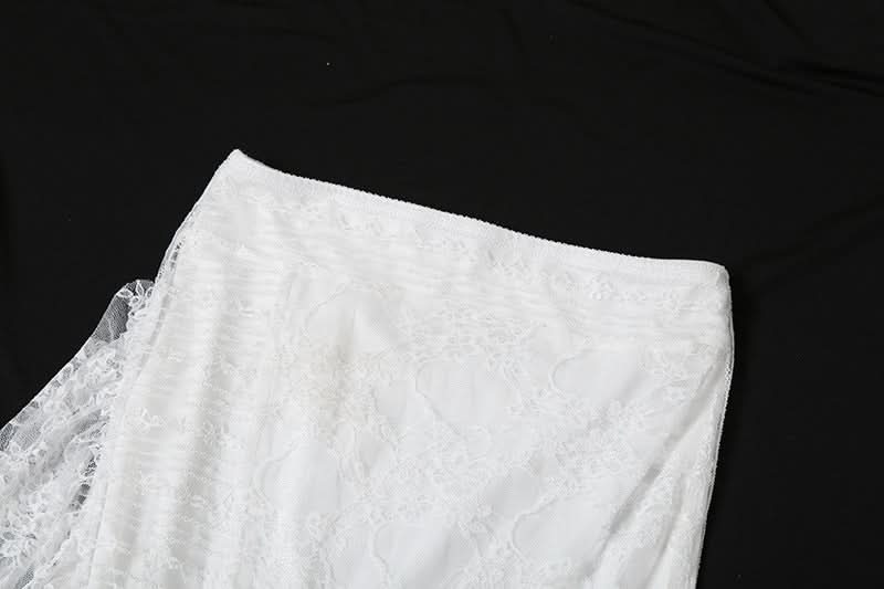 Fall Elegance: White Lace Mermaid Maxi Skirt with Cascading Ruffle - Perfect for Holiday Chic