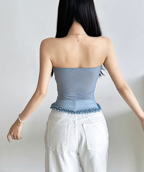 Chic Black Mesh Sweetheart Corset Top - Edgy Strapless Ruffle Bandeau for Fall Nights & Halloween Parties