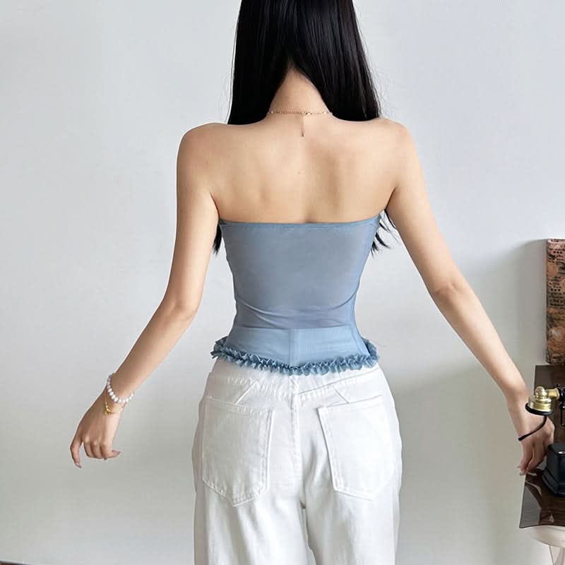 Chic Black Mesh Sweetheart Corset Top - Edgy Strapless Ruffle Bandeau for Fall Nights & Halloween Parties