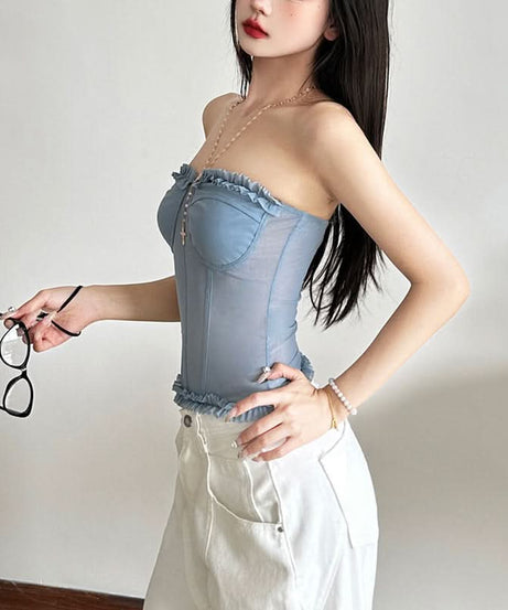 Chic Black Mesh Sweetheart Corset Top - Edgy Strapless Ruffle Bandeau for Fall Nights & Halloween Parties