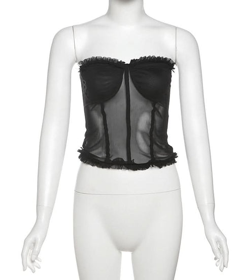 Chic Black Mesh Sweetheart Corset Top - Edgy Strapless Ruffle Bandeau for Fall Nights & Halloween Parties