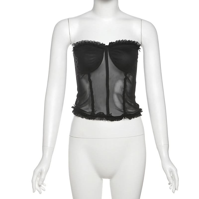 Chic Black Mesh Sweetheart Corset Top - Edgy Strapless Ruffle Bandeau for Fall Nights & Halloween Parties