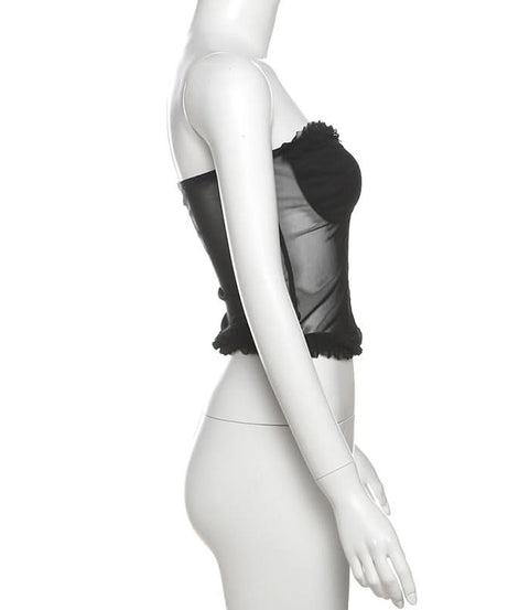 Chic Black Mesh Sweetheart Corset Top - Edgy Strapless Ruffle Bandeau for Fall Nights & Halloween Parties