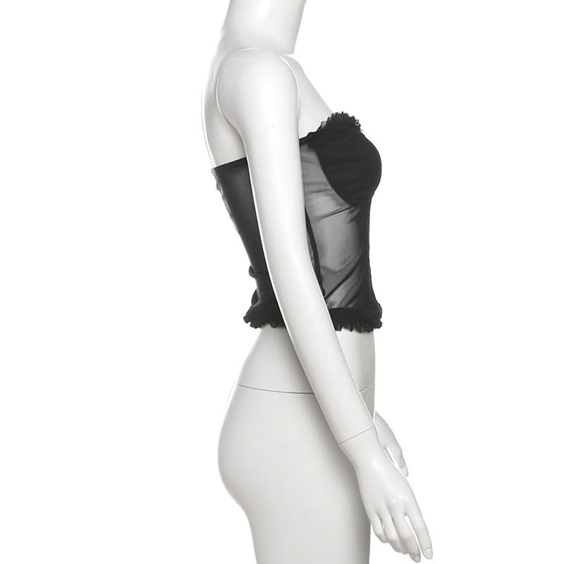 Chic Black Mesh Sweetheart Corset Top - Edgy Strapless Ruffle Bandeau for Fall Nights & Halloween Parties