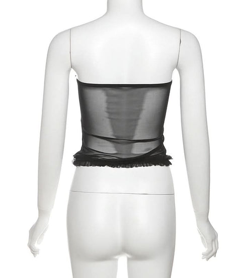 Chic Black Mesh Sweetheart Corset Top - Edgy Strapless Ruffle Bandeau for Fall Nights & Halloween Parties