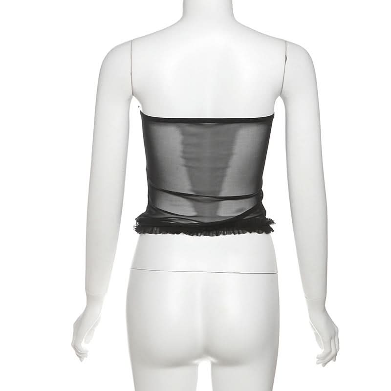 Chic Black Mesh Sweetheart Corset Top - Edgy Strapless Ruffle Bandeau for Fall Nights & Halloween Parties