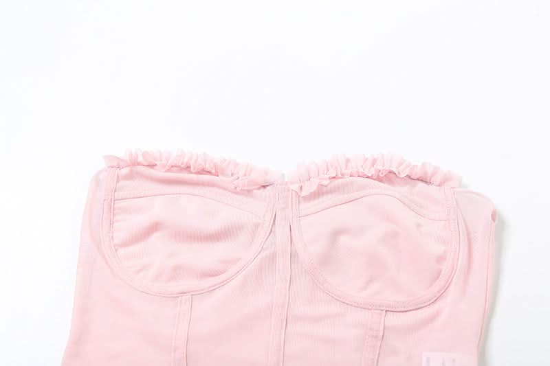 Chic Black Mesh Sweetheart Corset Top - Edgy Strapless Ruffle Bandeau for Fall Nights & Halloween Parties