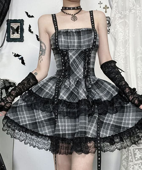 Rebel Plaid Corset Mini Dress - Gothic Grunge Alt Fashion for Fall & Halloween