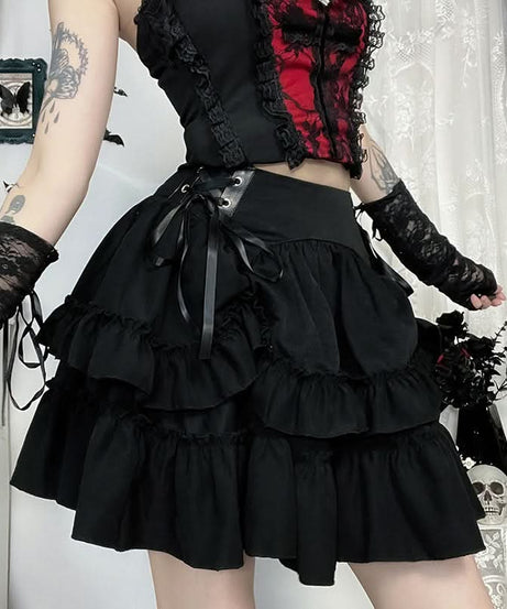 Gothic Black Ruffle Mini Skirt - Lace-Up Tiered Design for Spooky Season & Fall Fashion